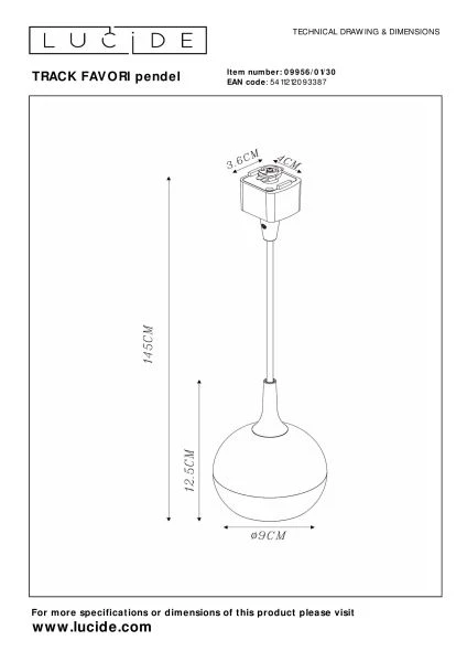 Lucide TRACK FAVORI Hanglamp - 1-fase Railsysteem / Railverlichting - 1xGU10 - Zwart (Uitbreiding) - technisch